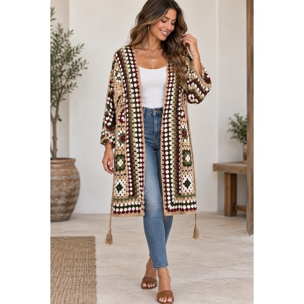 Audrey Parks Francesca's Crochet Duster Cardigan Multicolor Granny Square S/M